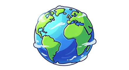 Illustration of cartoon illustration of planet earth with clouds, isolated on transparent background