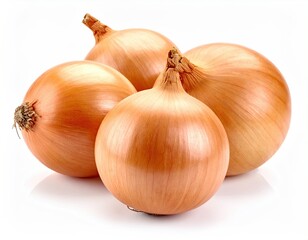Close Up of Four Brown Onions with Roots on White Background Vegetable Still Life Studio Lighting Organic Harvest Ingredient Cuisine