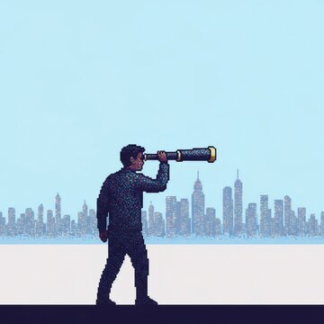 望遠鏡を覗く男性と都市の景観ピクセルアートイラスト