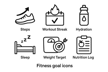 Fitness goal icons: steps, workout streak, hydration, sleep, weight target, nutrition log