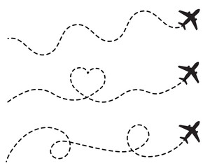Airplane Flight Paths Vector Set – Dotted Lines with Heart Shape, Loops, and Travel Routes