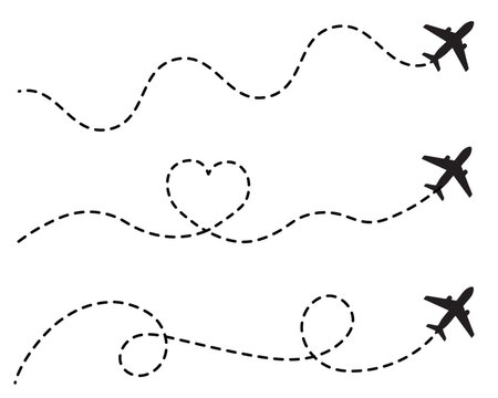 Airplane Flight Paths Vector Set &ndash; Dotted Lines with Heart Shape, Loops, and Travel Routes