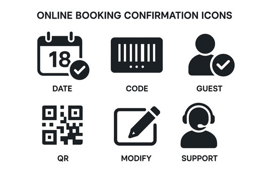 Online booking confirmation icons including date, code, guest, qr, modify, support