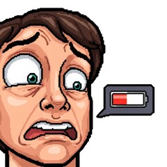 茶髪の疲れた男性の顔とバッテリーアイコンのドット絵