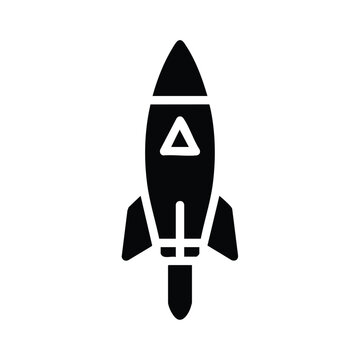 Simplified black silhouette of a rocket with a triangular window and fins, set against a plain