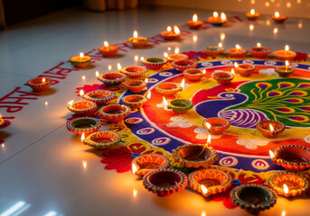 Fototapeta premium Diwali Celebration Rangoli Art, Diyas and Festive Lights - Indian Festival Decoration.