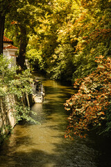 A calm river and dense green and orange foliage, with a small building. Suitable for illustrating peaceful nature, travel destinations, or serene outdoor environments.