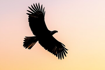 Naklejka premium Majestic Bald Eagle Soaring at Sunset Wings Spread Wide Freedom Nature Wildlife Photography Bird Silhouette Avian Beauty