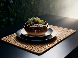 Layered Coconut Bowl and Plate Setting on Rattan Mat