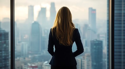 Businesswoman looking at cityscape from office window.