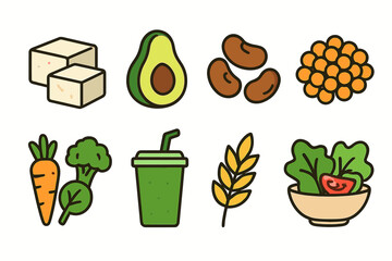 Plant-based foods: tofu, avocado, beans, lentils, vegetables, smoothie, grains, salad icons