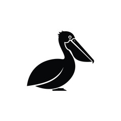 Stylized black silhouette of a pelican with a large beak isolated on white background silhouette