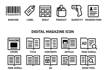 Fototapeta premium Retail and digital magazine icons: barcode, label, shelf, product, quantity, reorder, cover, title, contents, article, page scroll, ad, zoom tool