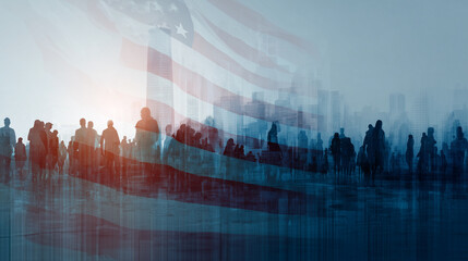 American flag overlay with crowd of people and city skyline symbolizing democracy freedom politics society unity immigration diversity blurred patriotic concept background