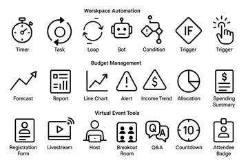 Icons for workspace automation, budget management, and virtual event tools