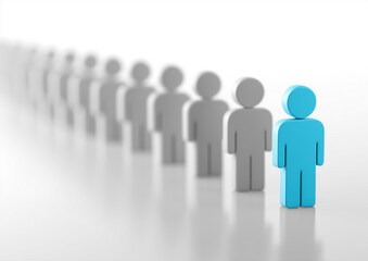 Blue figure standing in line of grey figures symbolizing individuality leadership difference contrast personal identity standout metaphor minimal lifestyle design concept