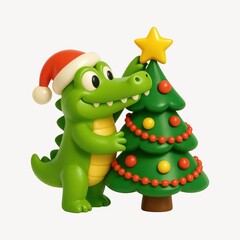 Naklejka premium Festive crocodile decorates Christmas tree.