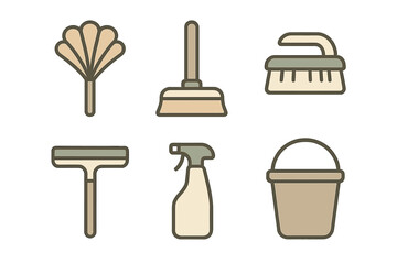 Essential household cleaning tools and supplies for domestic chores and hygiene maintenance, a comprehensive collection