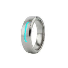 Sleek brushed metal smart ring with a glowing cyan LED light bar and beveled edges.
