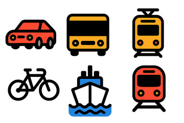Various transportation symbols for travel and urban mobility, including car, bus, train, bicycle, and ship