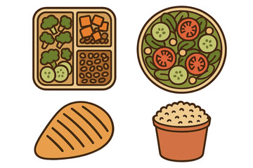 Healthy meal prep components with grilled chicken, fresh salad, vegetables, and rice for balanced nutrition