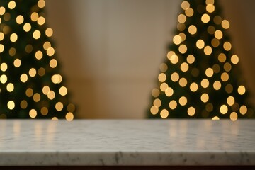 Welcome happy Christmas home. Cozy holiday scene with glowing lights and a marble countertop, perfect for festive decor.