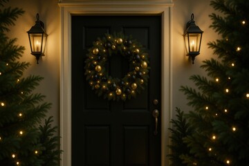 Welcome happy Christmas home. A beautifully decorated entrance with a festive wreath and warm lights illuminating the dark door.