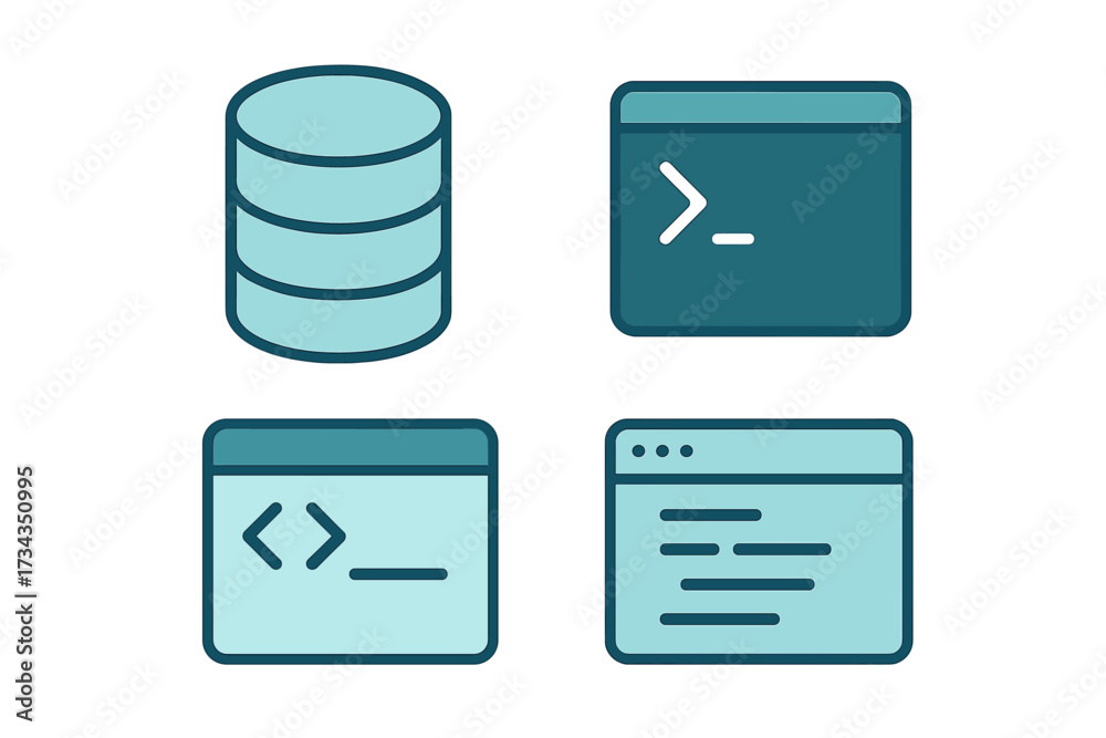 Wall mural modern flat design symbols depicting database management, command line interface, software coding, a