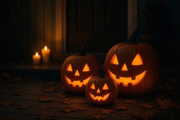 Welcome happy Christmas home. Three glowing jack-o'-lanterns surrounded by autumn leaves and candles create a spooky Halloween ambiance.
