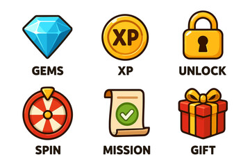 Colorful game icons: gems, xp, unlock, spin, mission, gift