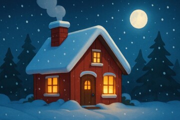 Welcome happy Christmas home. Cozy snow-covered cabin under a full moon with falling snowflakes and surrounding pine trees.