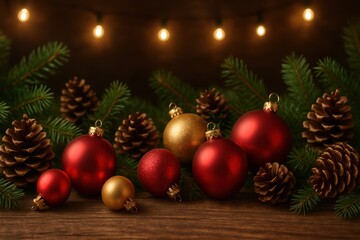 Welcome happy Christmas home. Christmas ornaments and pinecones on a wooden surface with warm lights in the background.