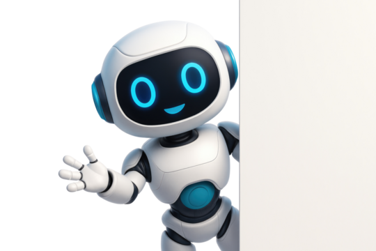 Friendly cartoon robot waving hello from behind a blank white board greeting isolated on a transparent background