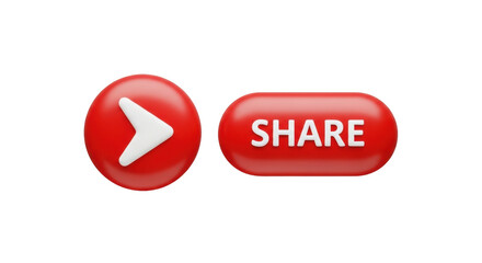 Isolated red-colored share button and play button, render style with light and dark shading