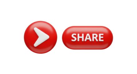 Isolated red-colored share button and play button, render style with light and dark shading