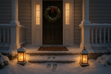 Welcome happy Christmas home. A cozy winter entrance with a wreath, lanterns, and snow-covered steps.