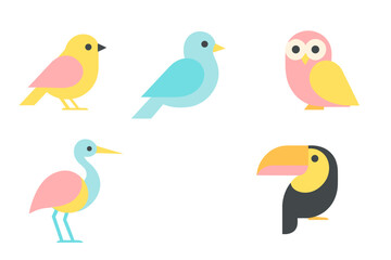 Collection of colorful stylized birds including a toucan, owl, and small songbirds in a minimalist design