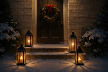 Welcome happy Christmas home. A cozy winter entrance adorned with a wreath and glowing lanterns in a snowy setting.