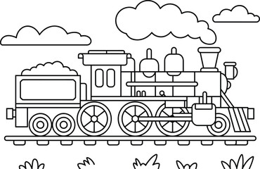 Black and white illustration of a steam train with coal and clouds steam engine locomotive