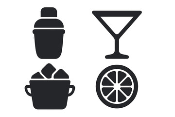 Bar accessories including cocktail shaker, martini glass, ice bucket with ice, and a fresh citrus slice