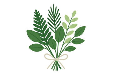 Stylized green botanical bouquet featuring an assortment of diverse leaf shapes and branches tied with a delicate decorative ribbon