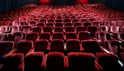 Naklejka premium rows of empty plush red velvet seating fill a darkened theater creating pattern