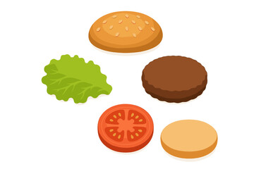 Isometric burger components including a sesame seed bun, a juicy beef patty, crisp green lettuce, and a ripe red tomato slice