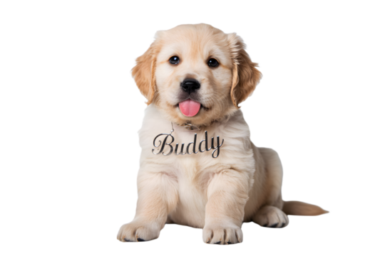 Adorable golden retriever puppy named buddy sitting front facing with tongue out isolated on transparent background