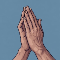 灰色の背景に祈る肌色のピクセル化された手