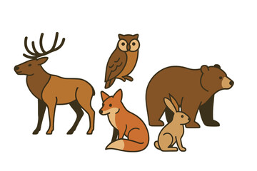 Charming stylized group of North American forest animals featuring a deer, owl, fox, bear, and rabbit in a simple graphic style