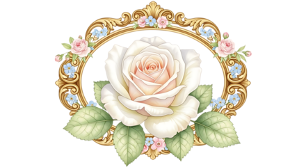Illustration of elegant white rose with pink accents in ornate gold frame, isolated on transparent background