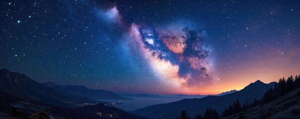A breathtaking panoramic view of a starry night sky, capturing the vastness and mystery of the cosmos, often associated with spiritual and religious contemplation , night sky, universal energy