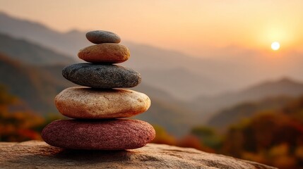 A balanced stack of six rocks with varying sizes and colors against hazy mountains and a warm sunset sky,