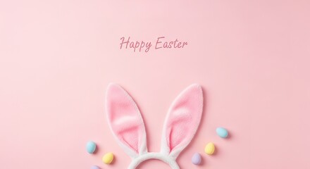 Pastel Easter: Bunny Ears and Candy Eggs on a Light Pink Backgro